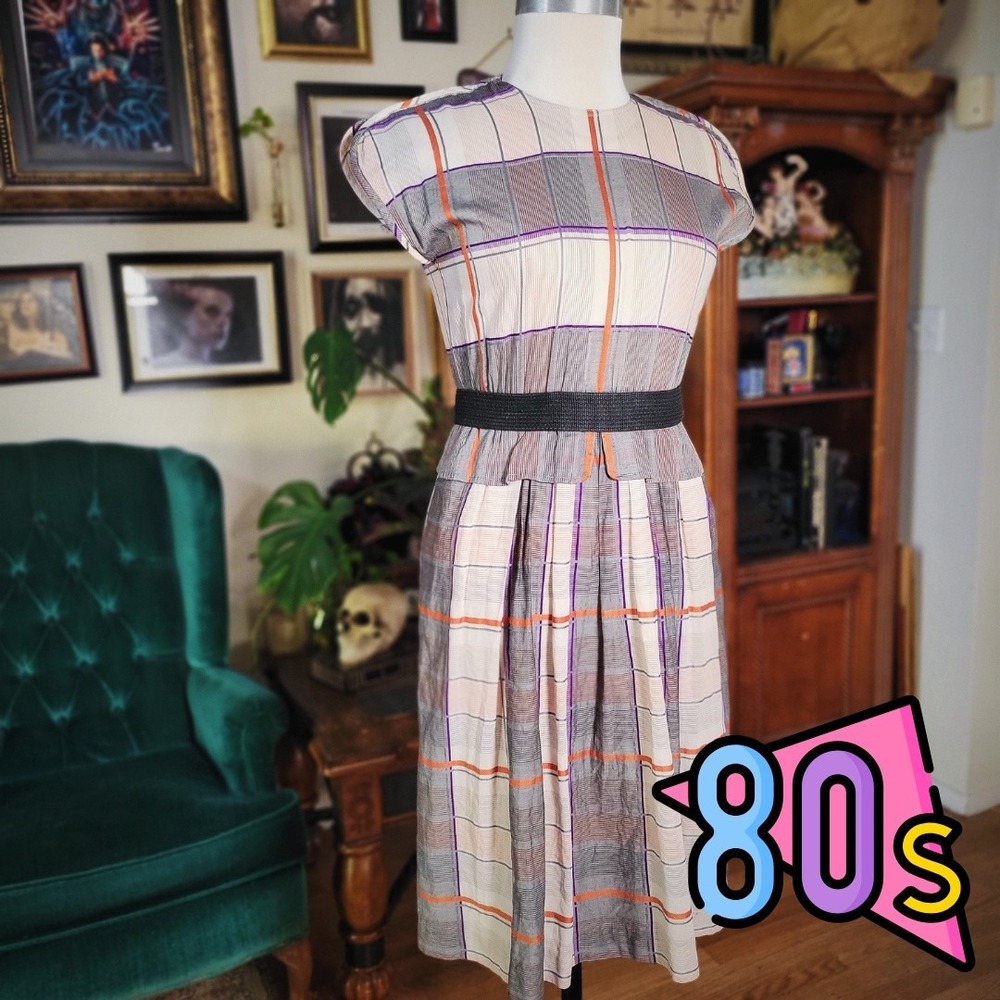 MiMi Fashion Plaid Dress Vintage‎ 80s Gray Orange Purple Geometric Midi Size 9